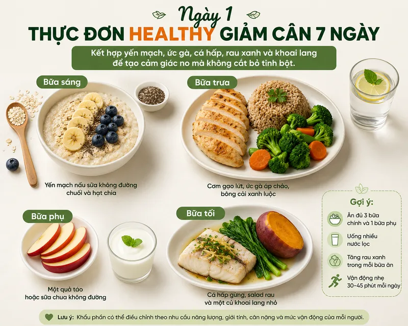 Ngày đầu kết hợp yến mạch, ức gà, cá hấp, rau xanh và khoai lang để tạo cảm giác no mà không cắt bỏ tinh bột.