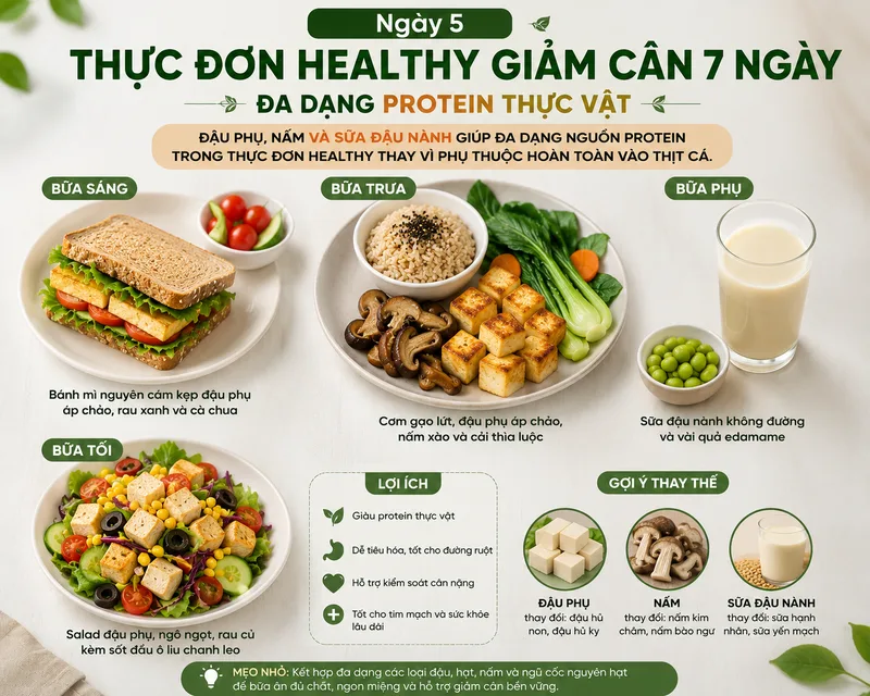 Đậu phụ, nấm và sữa đậu nành giúp đa dạng nguồn protein trong thực đơn healthy thay vì phụ thuộc hoàn toàn vào thịt cá.