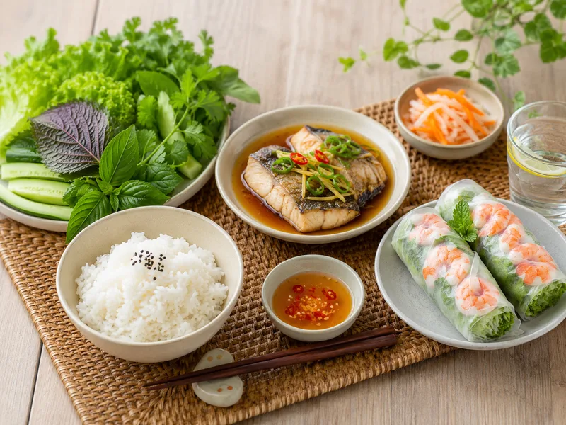 Ngày cuối vẫn có thể sử dụng cơm, cá kho và gỏi cuốn nếu điều chỉnh lượng ăn và không biến thành một ngày ăn uống mất kiểm soát.