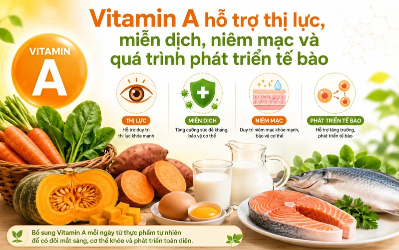 Vitamin A hỗ trợ thị lực, miễn dịch, niêm mạc và quá trình phát triển tế bào