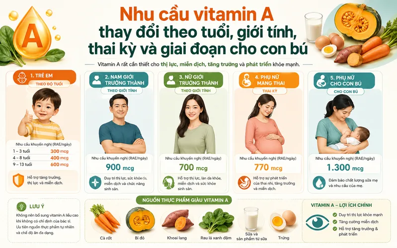 Nhu cầu vitamin A thay đổi theo tuổi, giới tính, thai kỳ và giai đoạn cho con bú