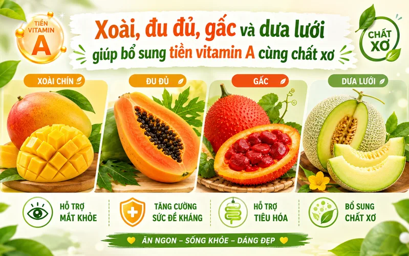 Xoài, đu đủ, gấc và dưa lưới giúp bổ sung tiền vitamin A cùng chất xơ